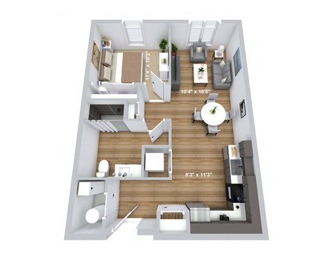 bedroom floor plan an open concept living room and kitchen with a wood floor